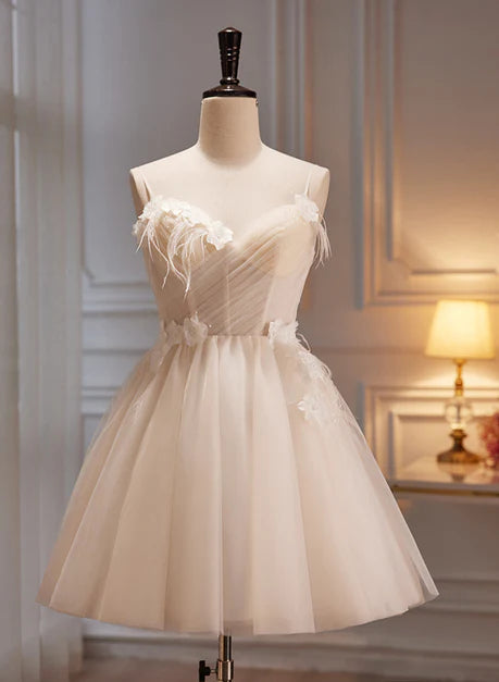 Ivory Tulle with Feather Floral Spaghetti Straps Short Homecoming Dress Prom Dress