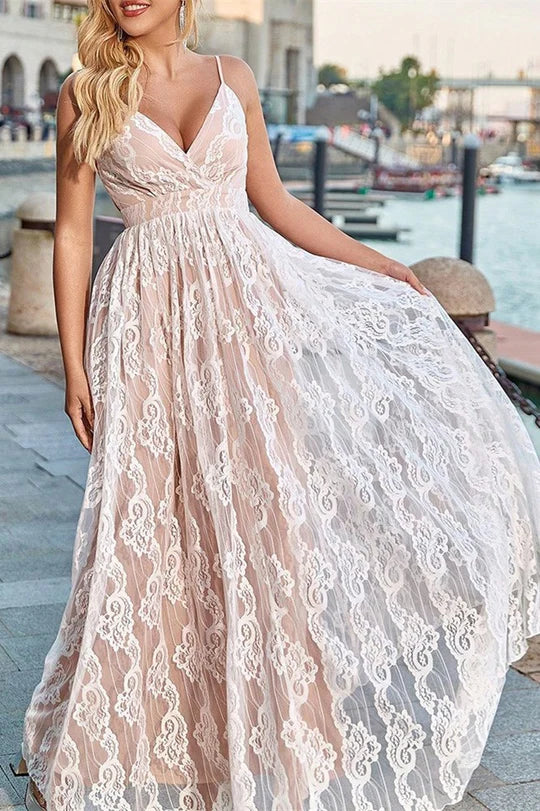 Ivory V-Neck Spaghetti Straps Floral Prints Lace Full Length Prom Dress Ivory Open Back Party Dress