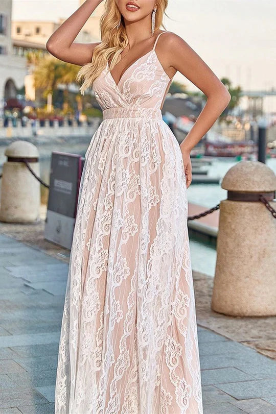 Ivory V-Neck Spaghetti Straps Floral Prints Lace Full Length Prom Dress Ivory Open Back Party Dress
