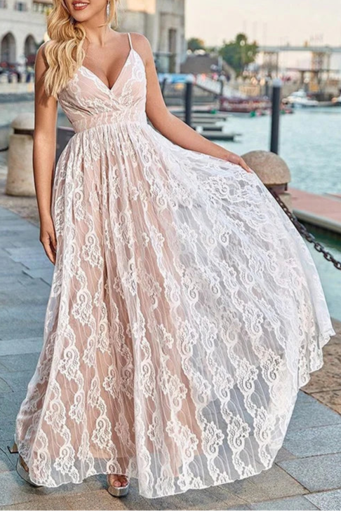 Ivory V-Neck Spaghetti Straps Floral Prints Lace Full Length Prom Dress Ivory Open Back Party Dress