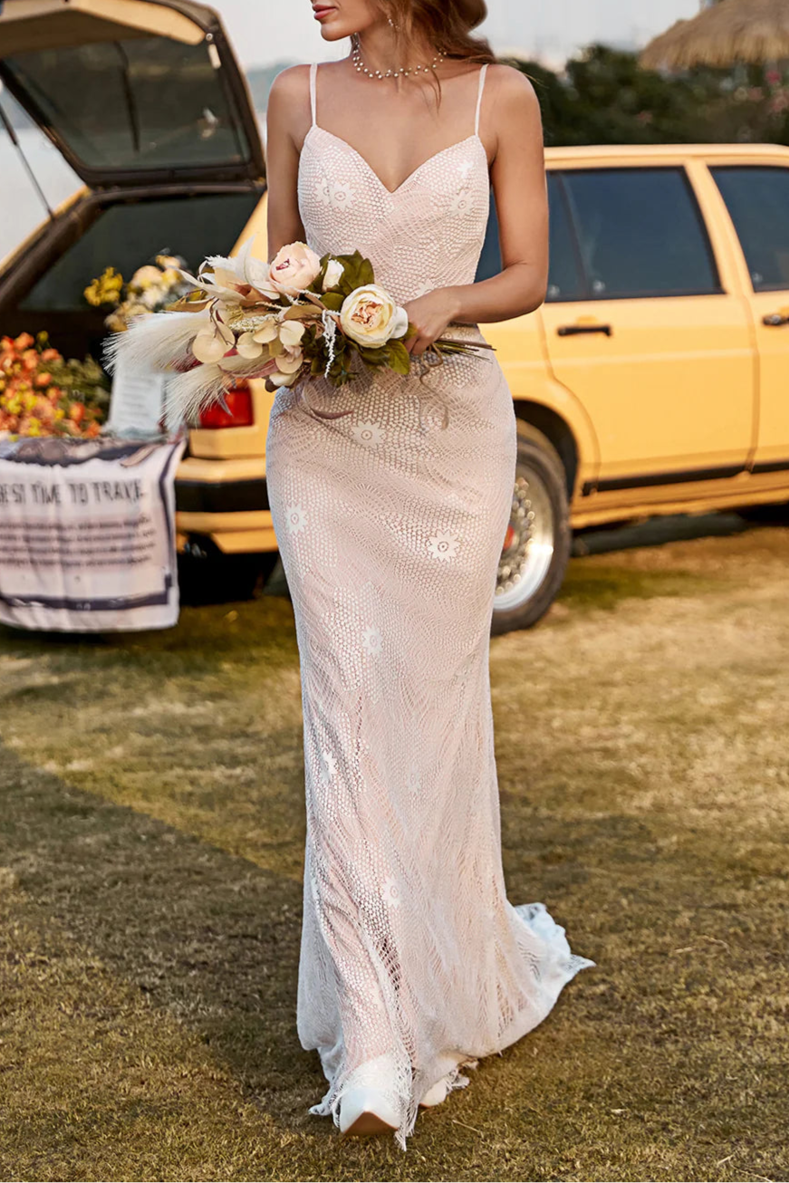 Ivory and Champagne Floral Lace Spaghetti Straps Open Back Mermaid Wedding Dress With Train