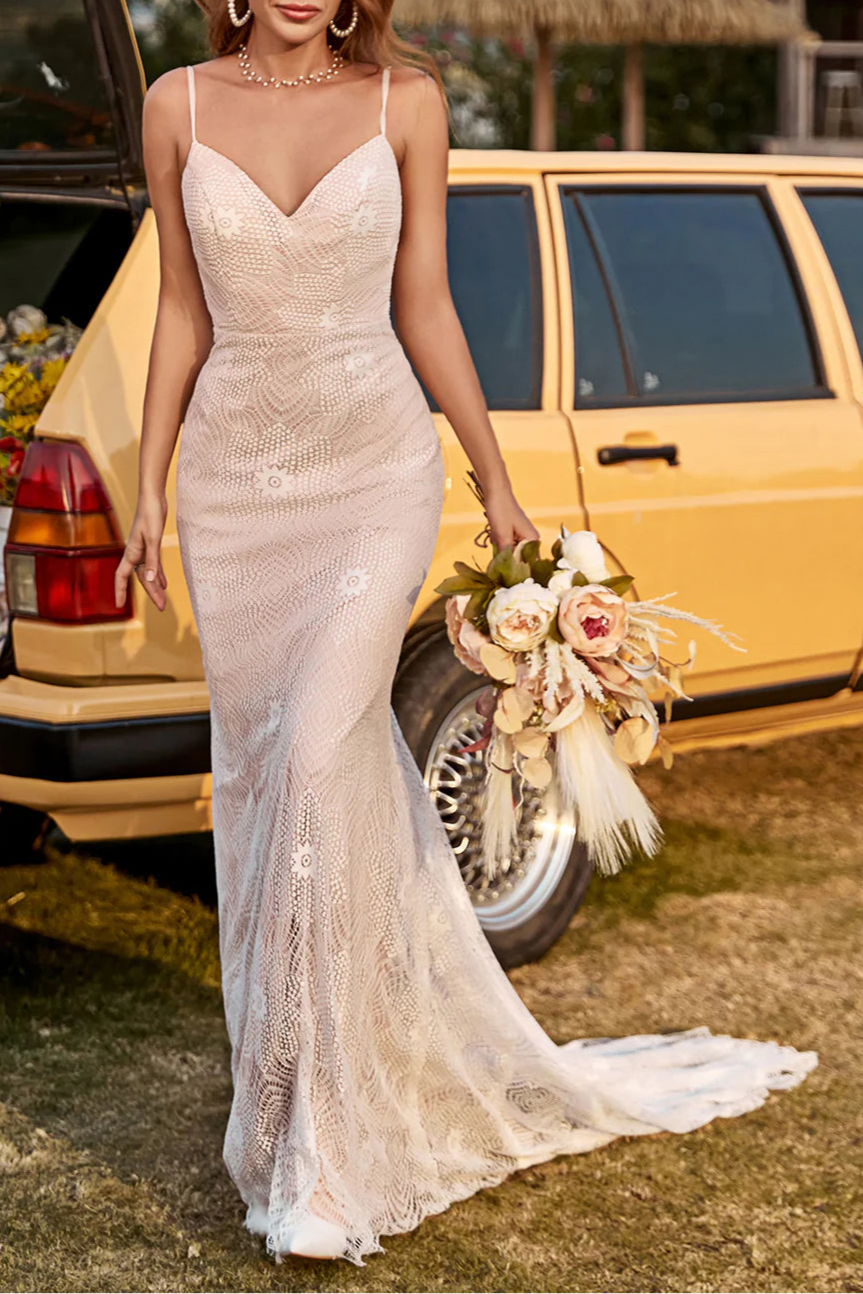 Ivory and Champagne Floral Lace Spaghetti Straps Open Back Mermaid Wedding Dress With Train