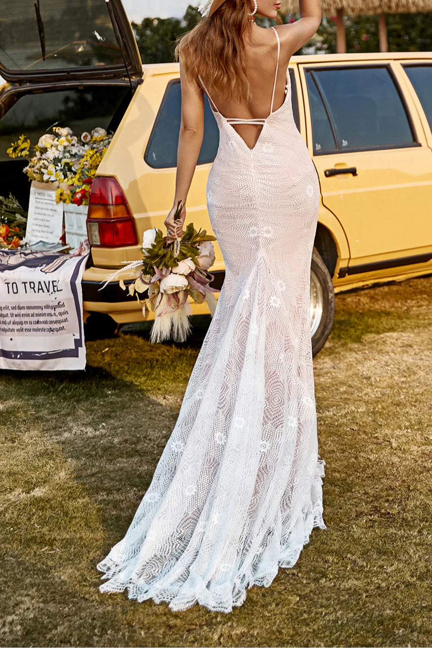 Ivory and Champagne Floral Lace Spaghetti Straps Open Back Mermaid Wedding Dress With Train