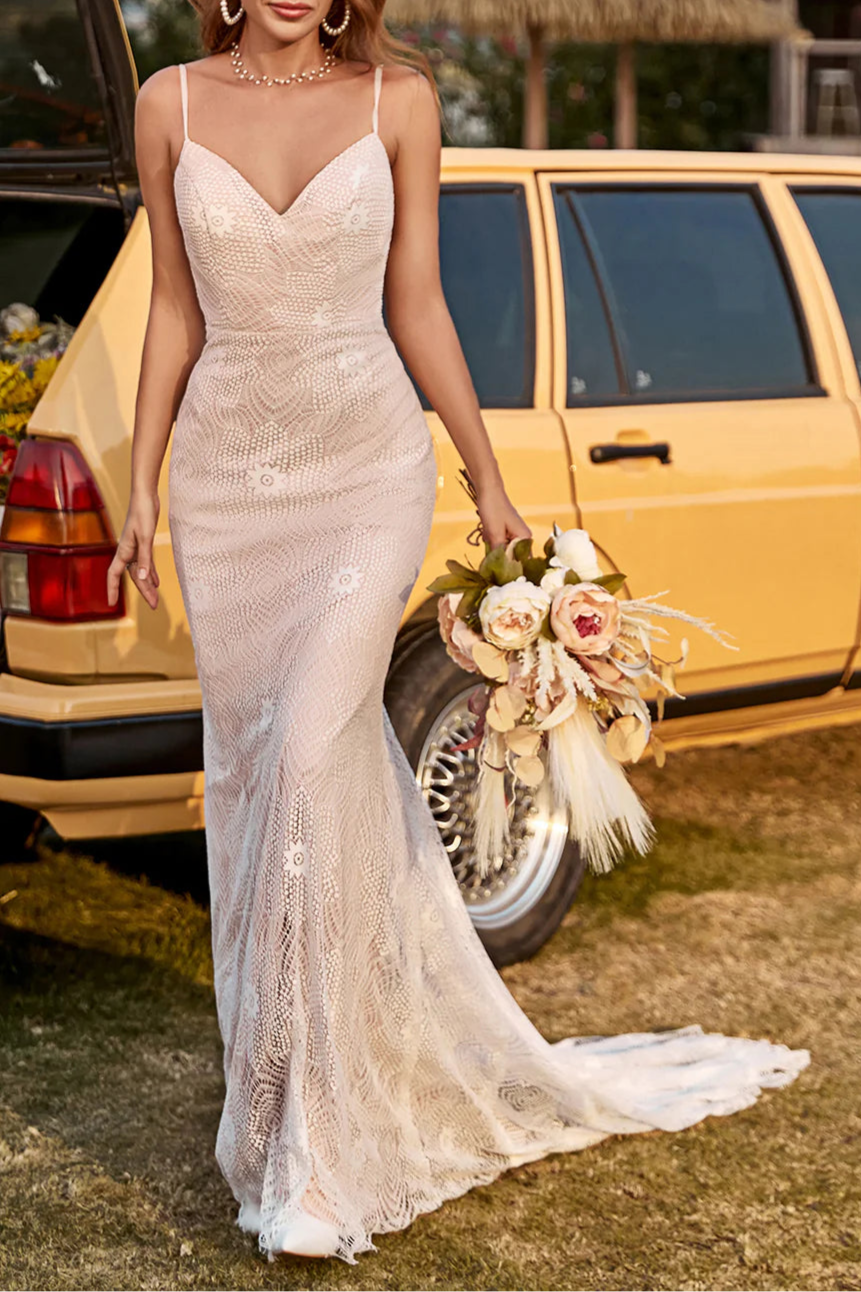 Ivory and Champagne Floral Lace Spaghetti Straps Open Back Mermaid Wedding Dress With Train