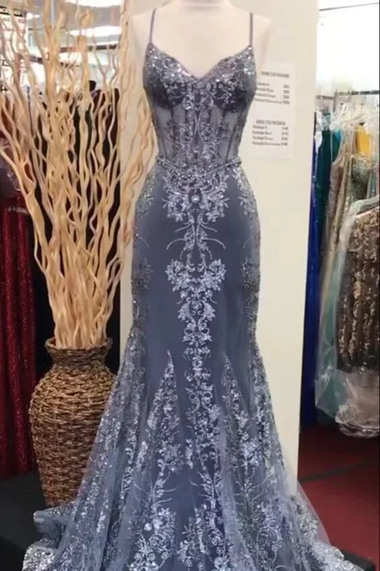 Spaghetti Straps V-Neck Lace Appliques Mermaid Prom Dress