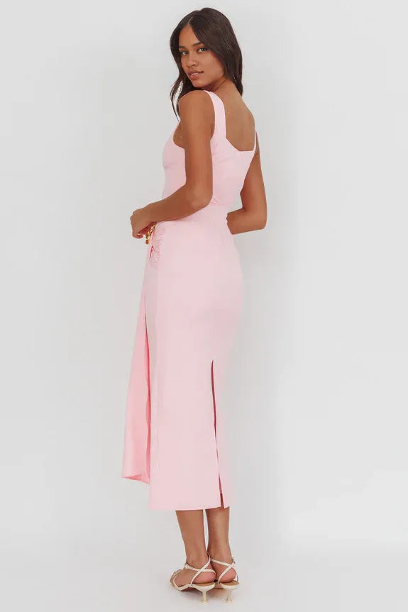 Jewel Neck Gold Buckle Waist Drape Pink Tea-Length Prom Dress