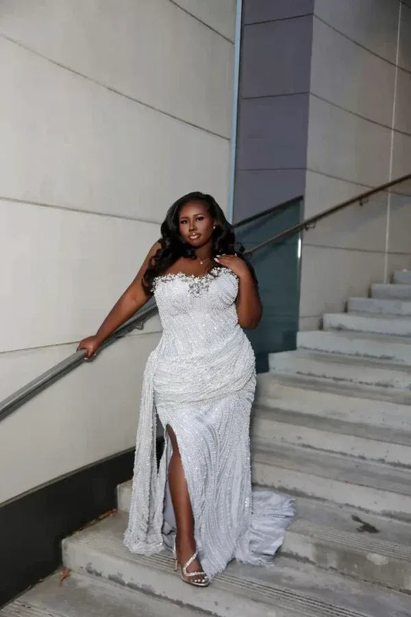 Vintage Silver Sequin Beaded Mermaid Sweetheart Long Prom Dresses Party Dress Buy Plus Size bridal gowns