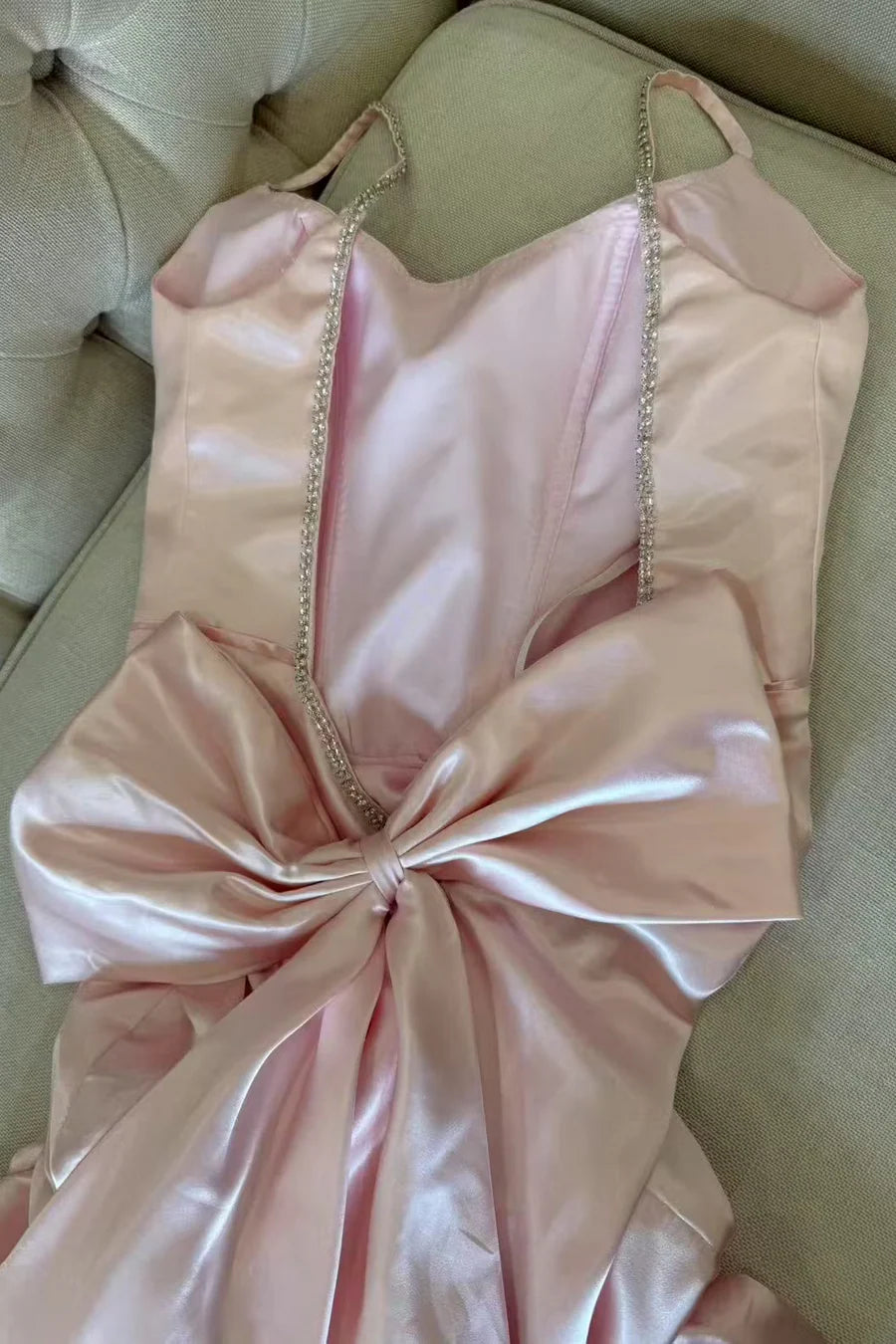 Pink Satin Spaghetti Straps Mermaid Backless With Bow Party Dress Prom Dresses