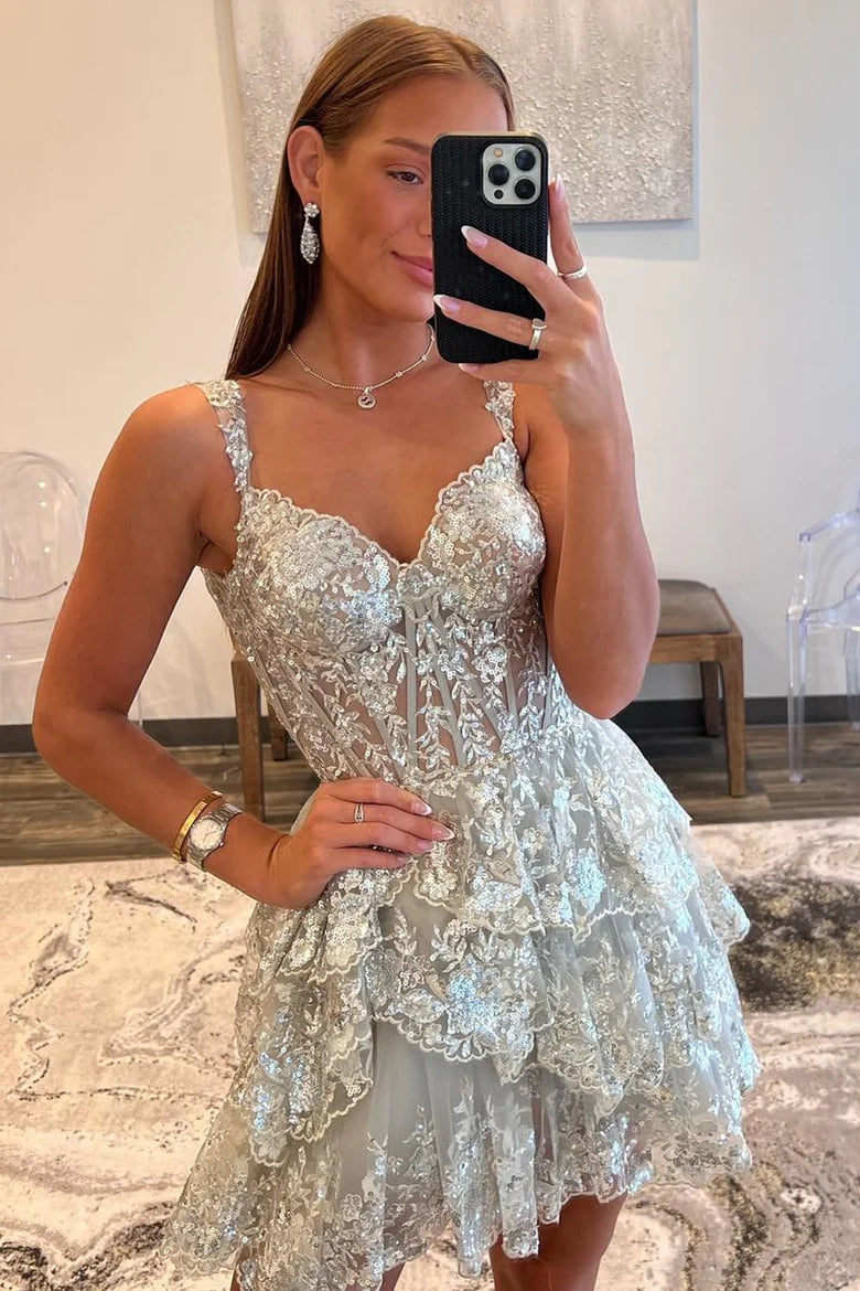 Lace Sequin-Embroidery Tiered A-Line Short Tiered Homecoming Dress