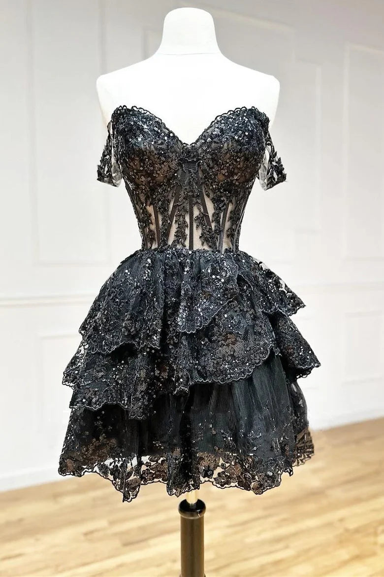 Lace Sequin-Embroidery Tiered A-Line Short Tiered Homecoming Dress