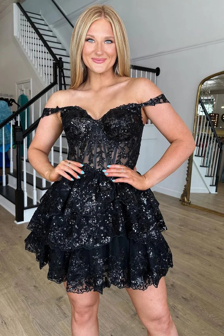 Lace Sequin-Embroidery Tiered A-Line Short Tiered Homecoming Dress