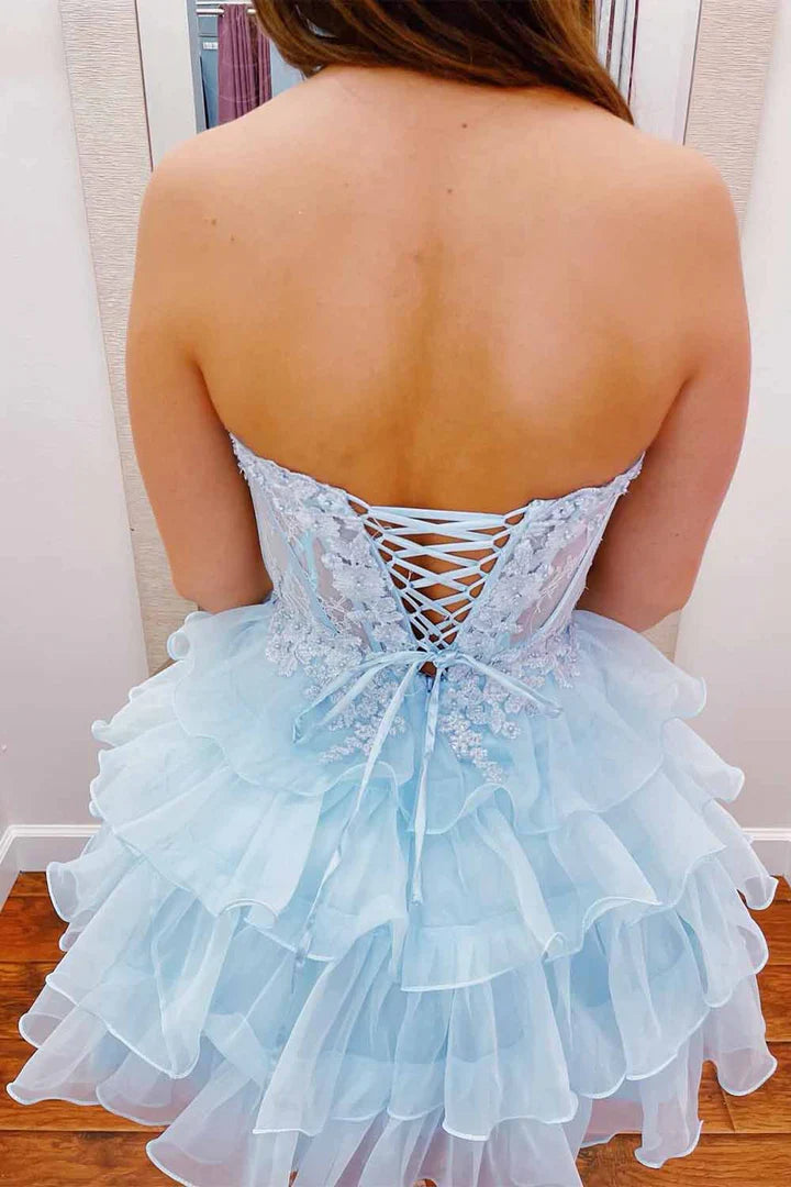 Lace Tiered Tulle With Appliques A-Line Strapless Ruffle Short Homecoming Dress