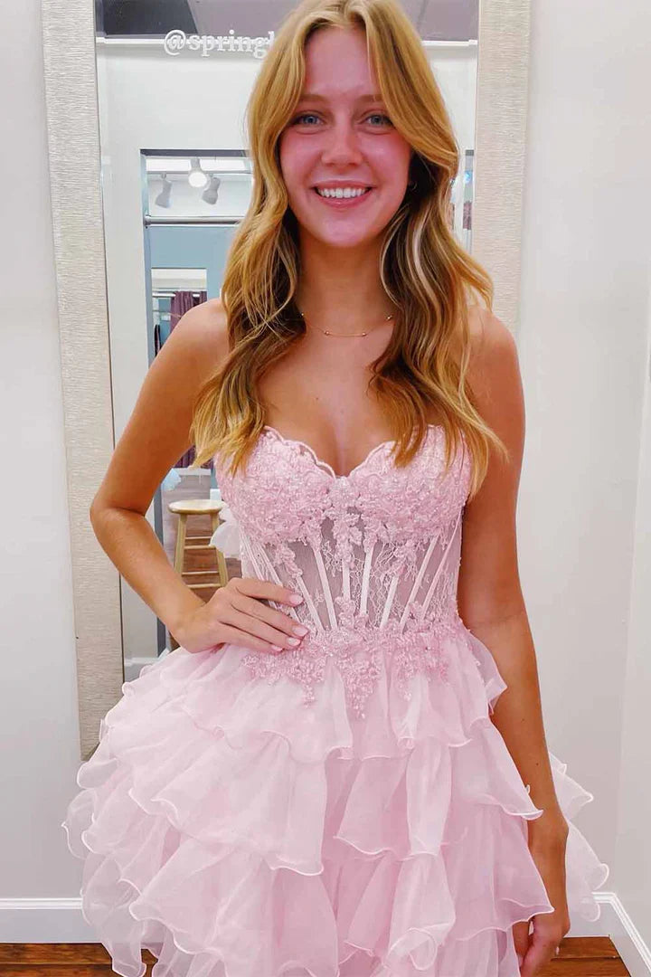 Lace Tiered Tulle With Appliques A-Line Strapless Ruffle Short Homecoming Dress
