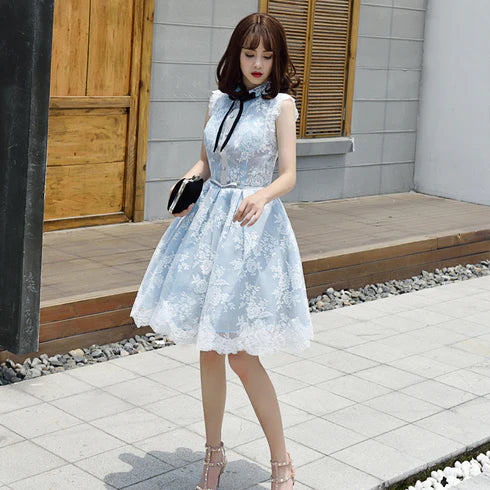 Lace Tulle Short High Neckline Homecoming Dress Party Dress Prom Dress