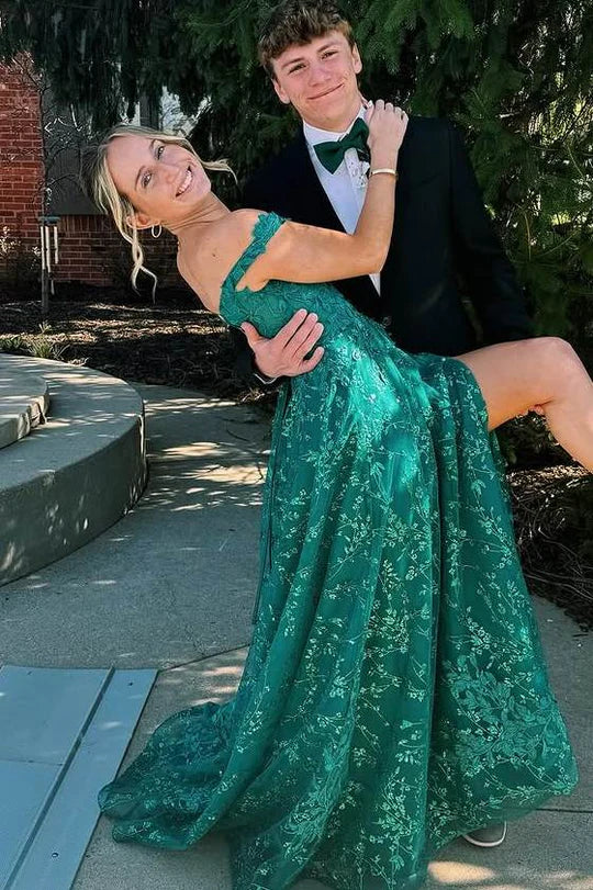 Lace Up Green Off-Shoulder A-Line Lace Appliques Long Prom Dress with Slit