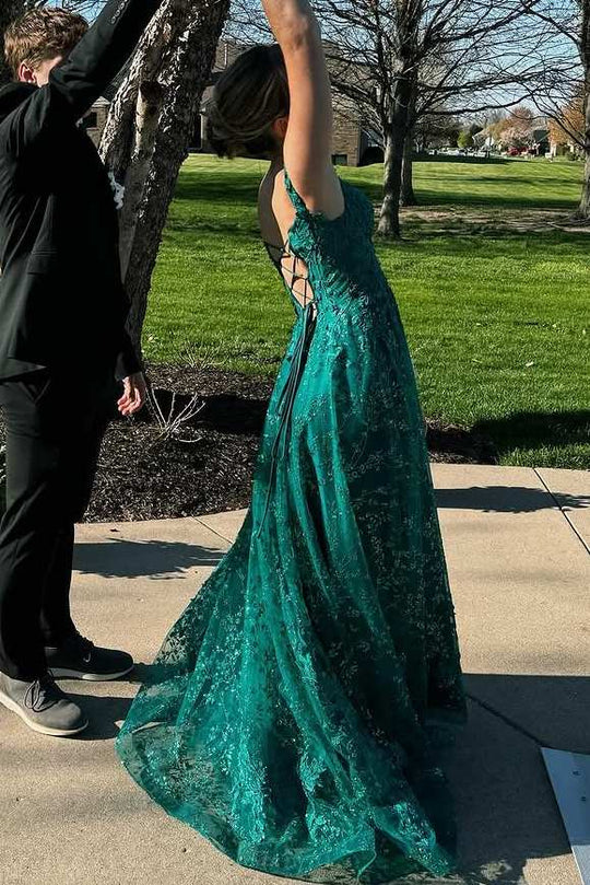 Lace Up Green Off-Shoulder A-Line Lace Appliques Long Prom Dress with Slit