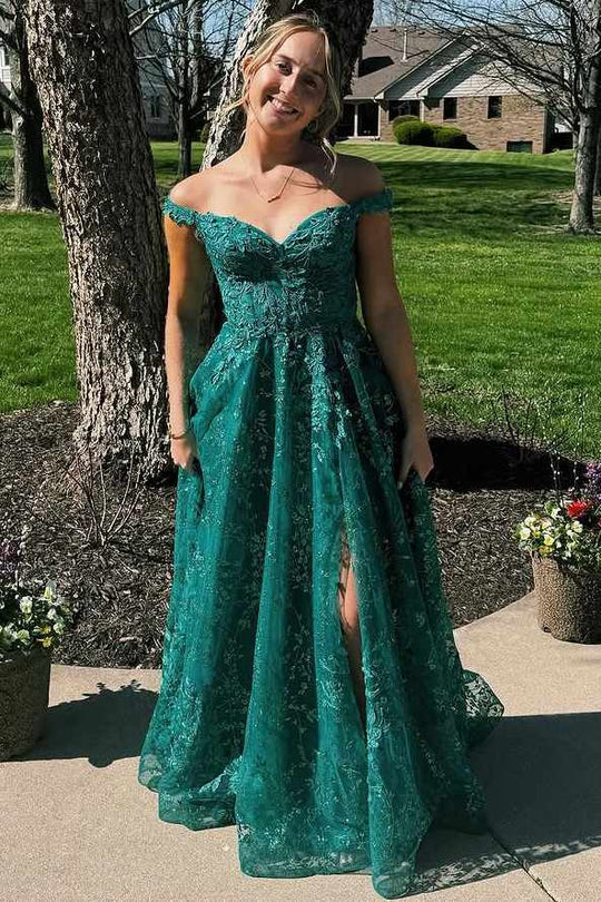 Lace Up Green Off-Shoulder A-Line Lace Appliques Long Prom Dress with Slit