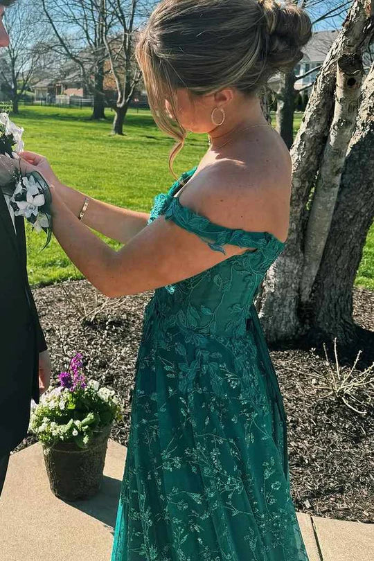 Lace Up Green Off-Shoulder A-Line Lace Appliques Long Prom Dress with Slit
