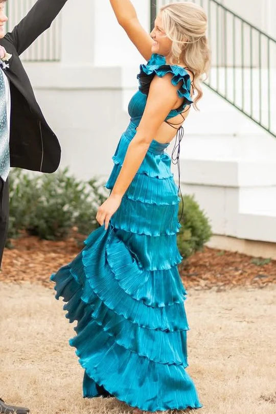 Lace Up Ruffled A-Line Halter V-Neck High Waist Slit Ball Gown