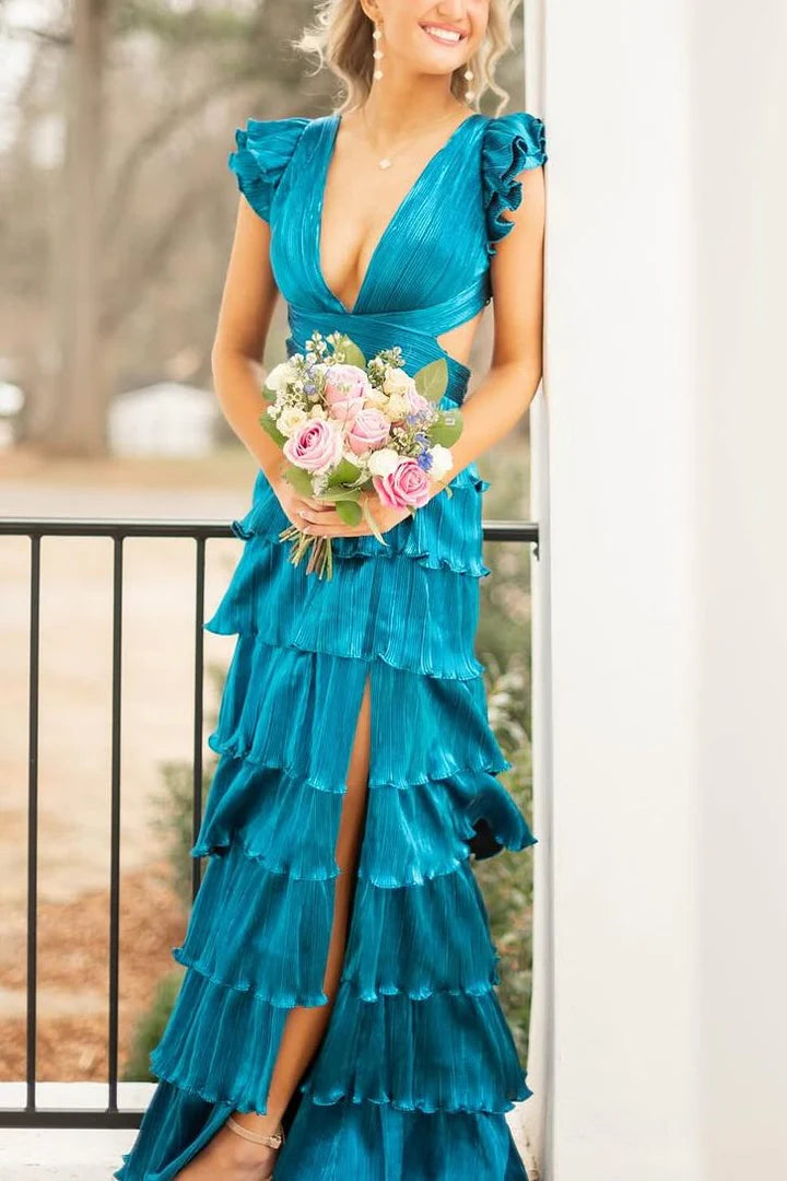 Lace Up Ruffled A-Line Halter V-Neck High Waist Slit Ball Gown