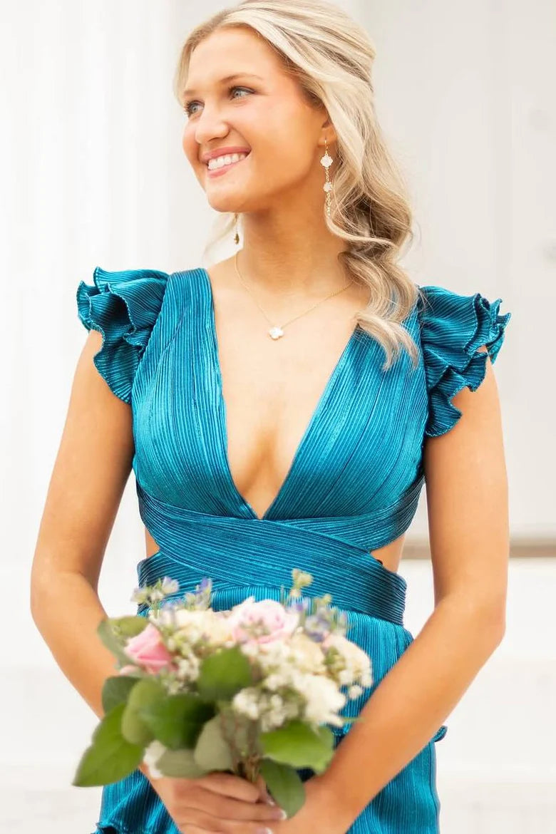 Lace Up Ruffled A-Line Halter V-Neck High Waist Slit Ball Gown