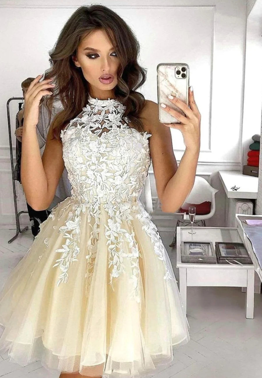 Lace With Applique Halter A-Line Short Prom Dresses Homecoming Dresses
