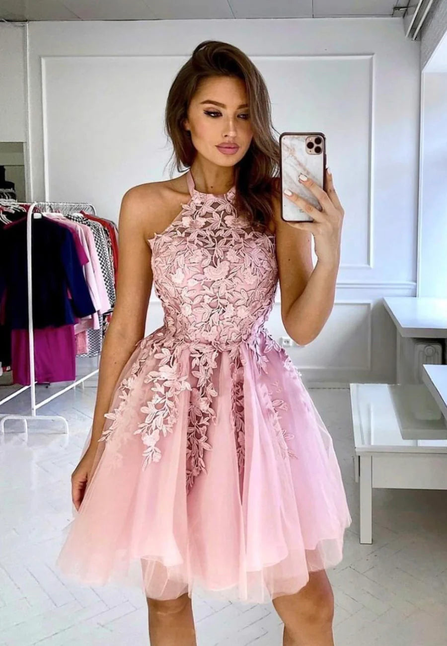 Lace With Applique Halter A-Line Short Prom Dresses Homecoming Dresses