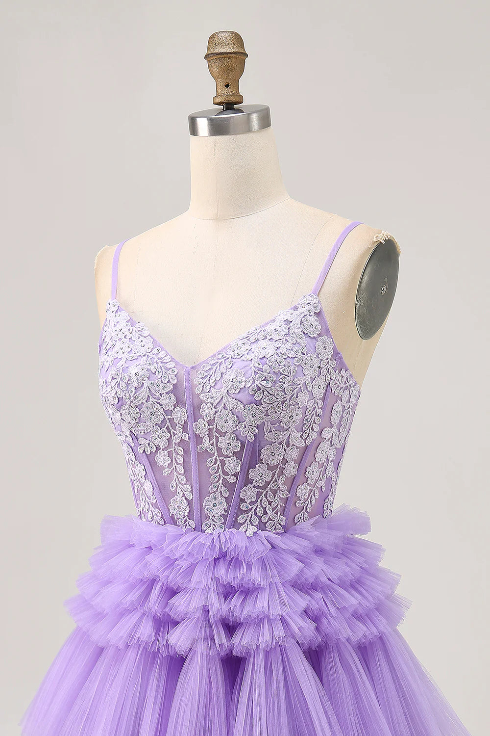 Lavender Beaded Tulle Tiered V Neck Spaghetti Straps A Line Homecoming Party Dress