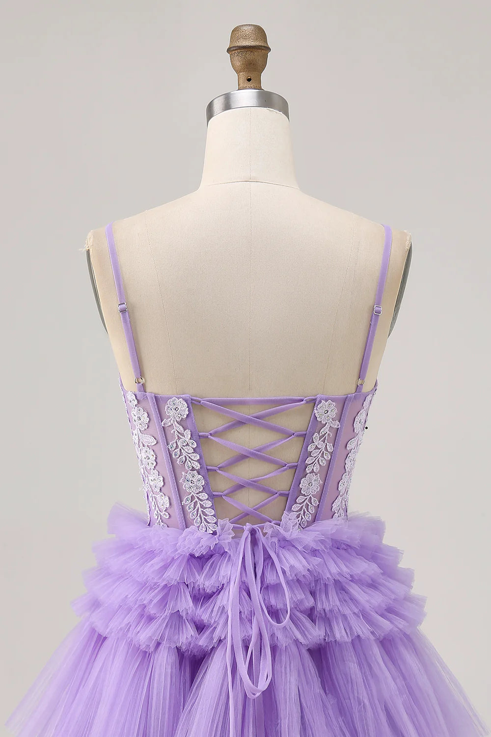 Lavender Beaded Tulle Tiered V Neck Spaghetti Straps A Line Homecoming Party Dress