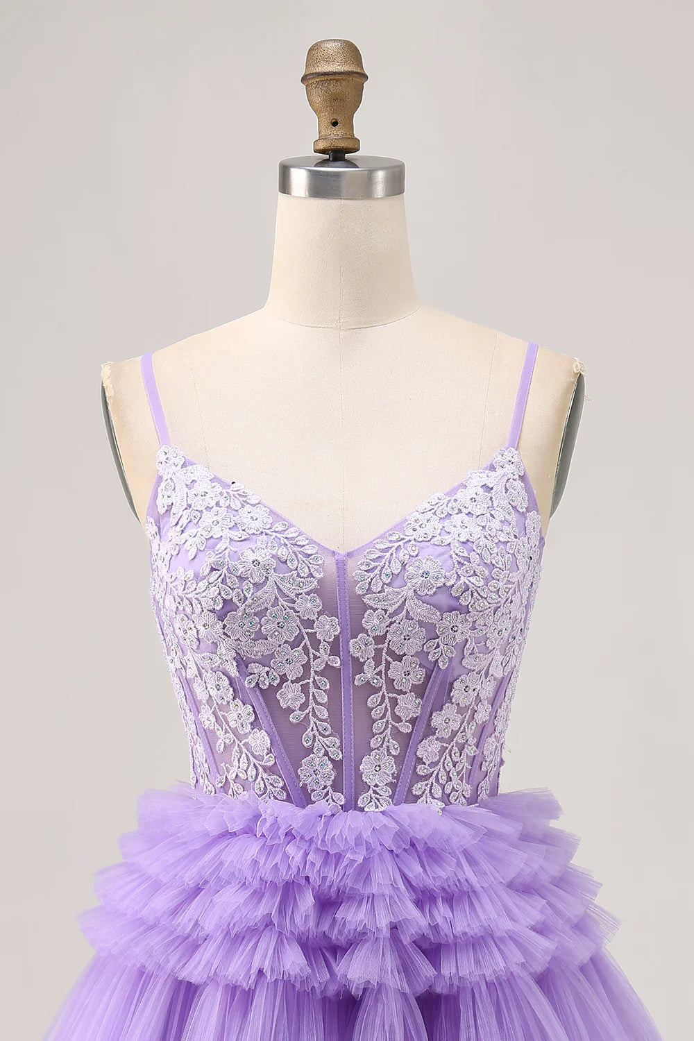 Lavender Beaded Tulle Tiered V Neck Spaghetti Straps A Line Homecoming Party Dress