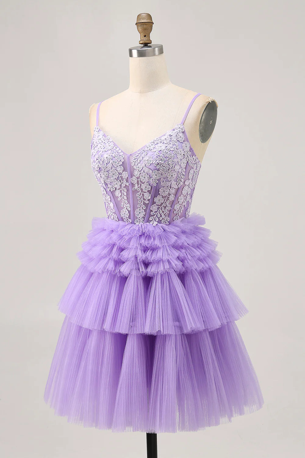 Lavender Beaded Tulle Tiered V Neck Spaghetti Straps A Line Homecoming Party Dress