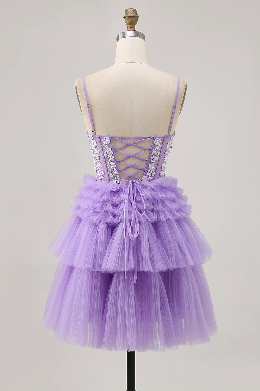 Lavender Beaded Tulle Tiered V Neck Spaghetti Straps A Line Homecoming Party Dress