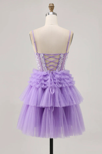Lavender Beaded Tulle Tiered V Neck Spaghetti Straps A Line Homecoming Party Dress