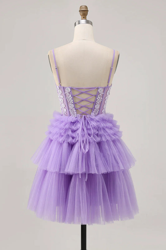 Lavender Beaded Tulle Tiered V Neck Spaghetti Straps A Line Homecoming Party Dress