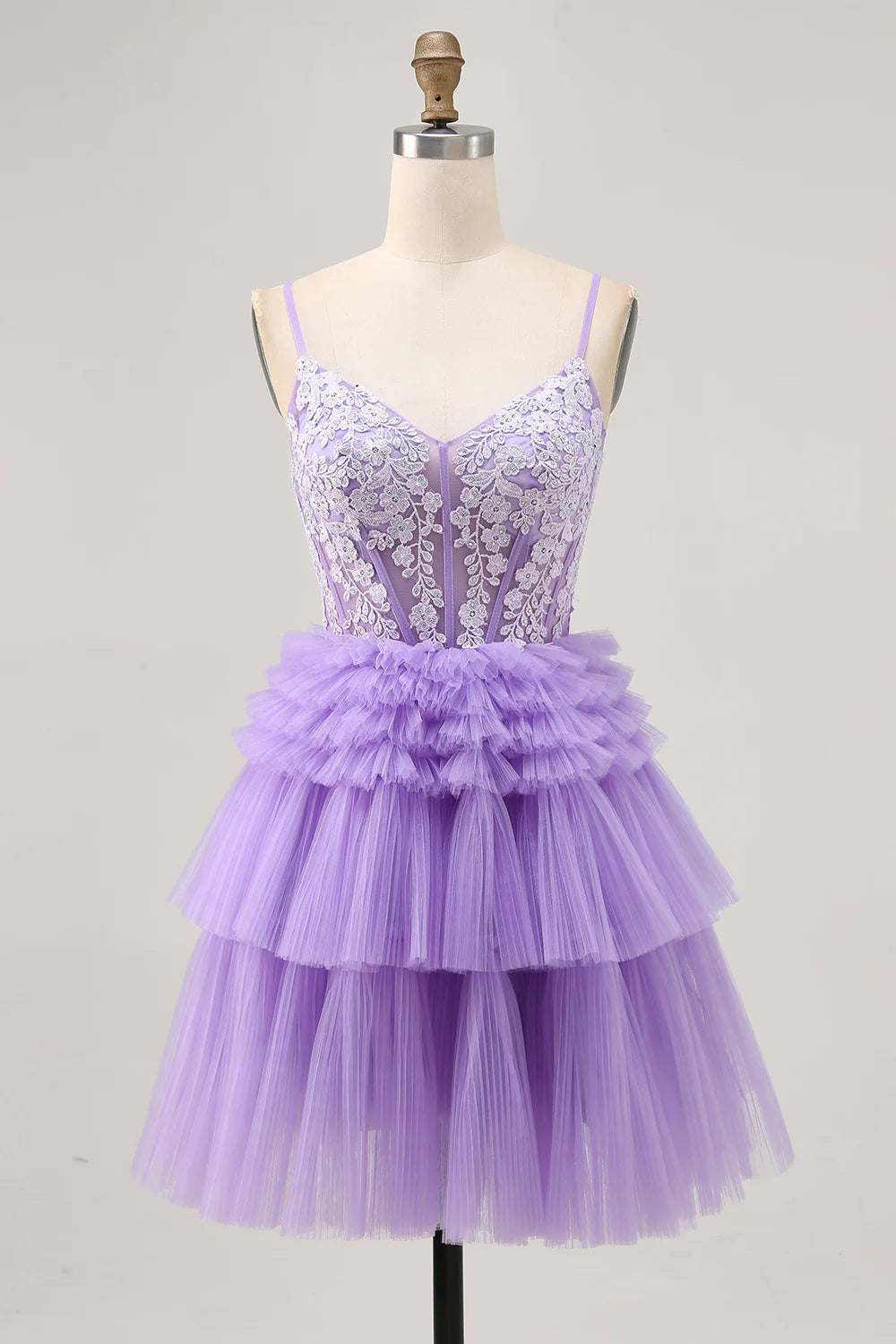 Lavender Beaded Tulle Tiered V Neck Spaghetti Straps A Line Homecoming Party Dress