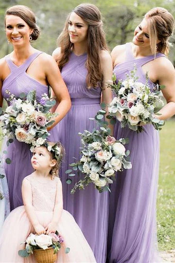 Lavender Chiffon Cross-Front Pleated Long Bridesmaid Dress