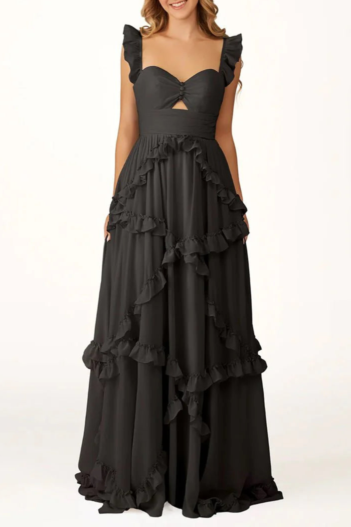 Lavender Chiffon Cut Out A-Line Straps Ruffles Long Sweep Train Prom Dress Discount Long Party Dresses