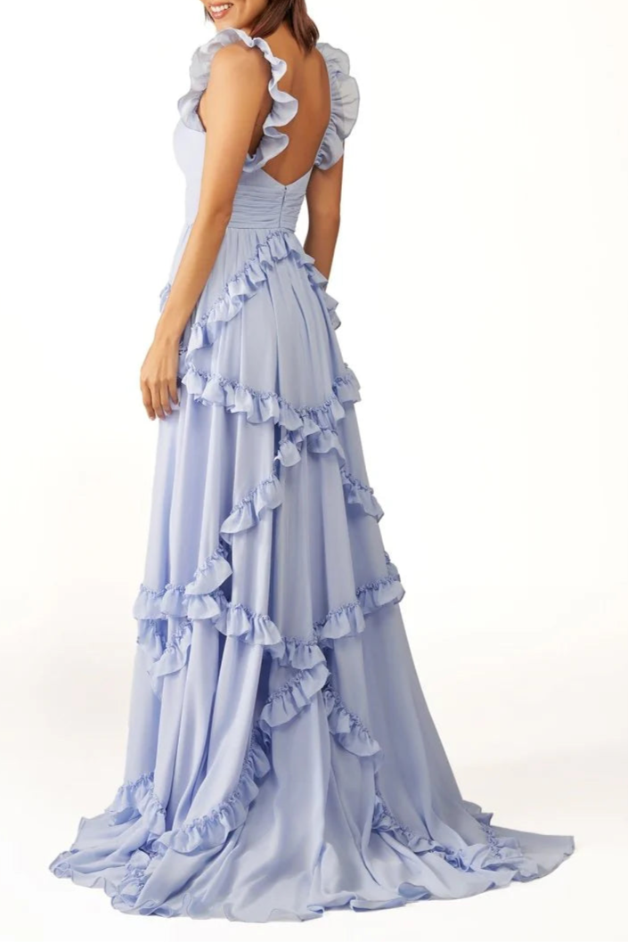Lavender Chiffon Cut Out A-Line Straps Ruffles Long Sweep Train Prom Dress Discount Long Party Dresses