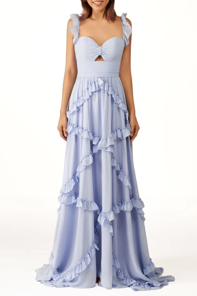 Lavender Chiffon Cut Out A-Line Straps Ruffles Long Sweep Train Prom Dress Discount Long Party Dresses