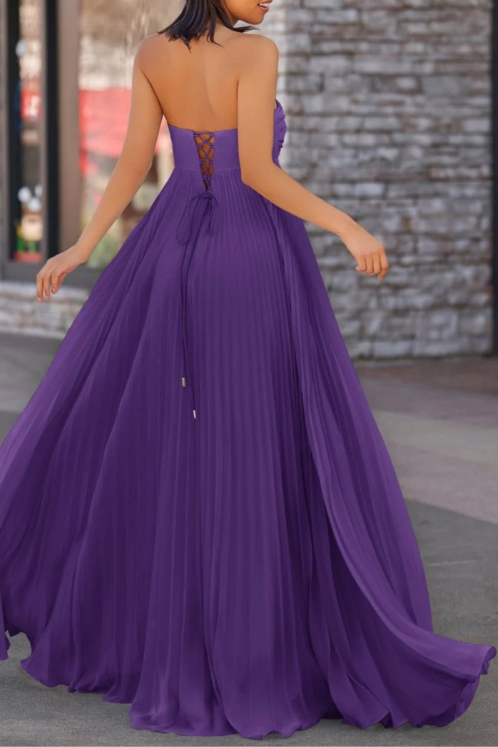 Lavender Chiffon Pleated A Line Open Back Strapless Floor Length Long Prom Dress