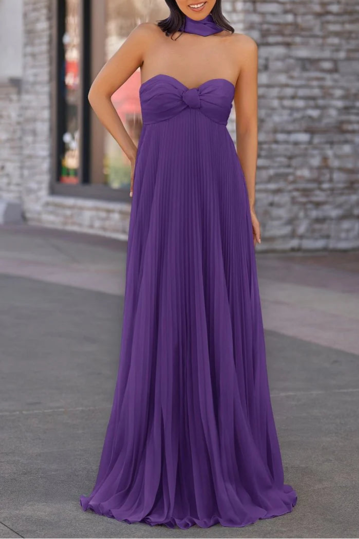 Lavender Chiffon Pleated A Line Open Back Strapless Floor Length Long Prom Dress