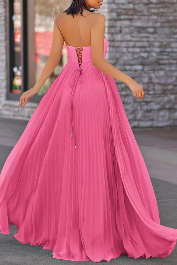 Lavender Chiffon Pleated A Line Open Back Strapless Floor Length Long Prom Dress