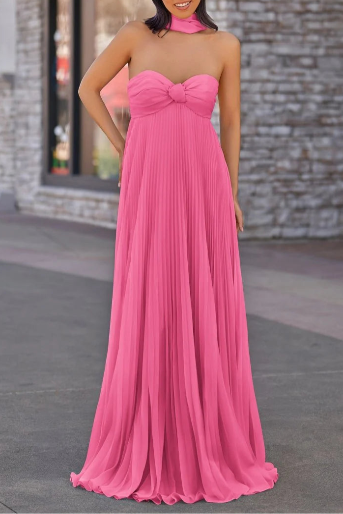 Lavender Chiffon Pleated A Line Open Back Strapless Floor Length Long Prom Dress