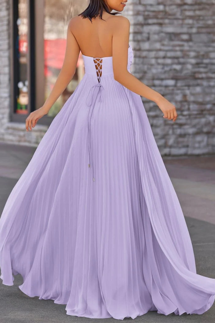 Lavender Chiffon Pleated A Line Open Back Strapless Floor Length Long Prom Dress