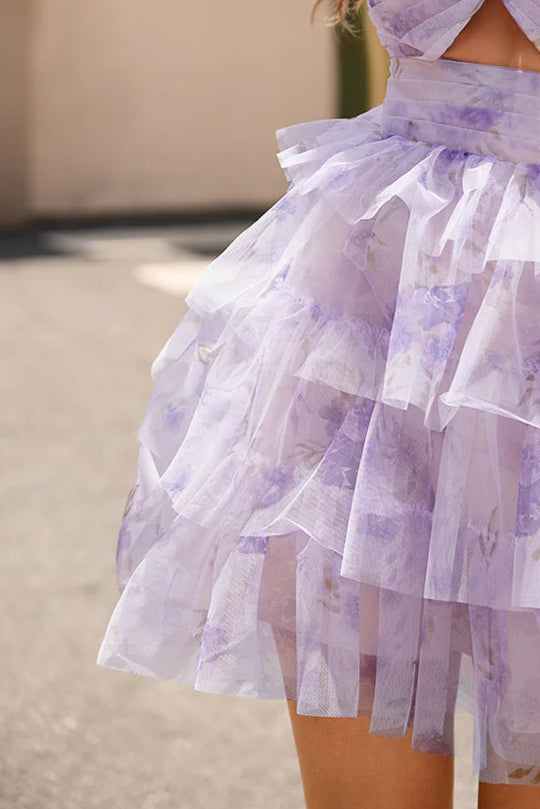 Lavender Flower Spaghetti Straps Pleated Cutout A Line Tiered Short Homecoming Dress