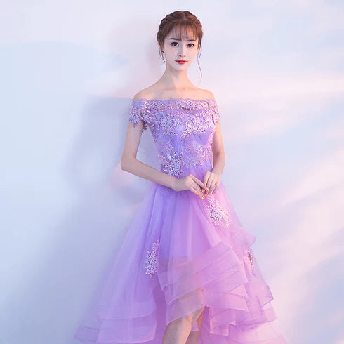 Lavender Purple Tulle Applique Off Shoulder High Low Party Dress Homecoming Dress