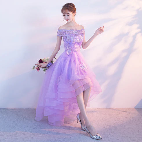 Lavender Purple Tulle Applique Off Shoulder High Low Party Dress Homecoming Dress
