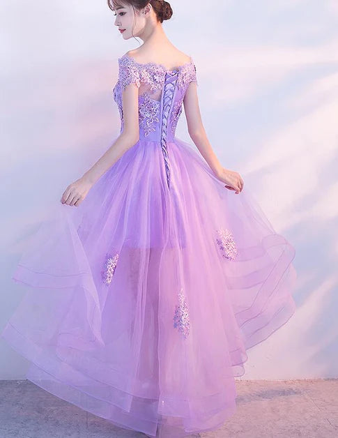 Lavender Purple Tulle Applique Off Shoulder High Low Party Dress Homecoming Dress