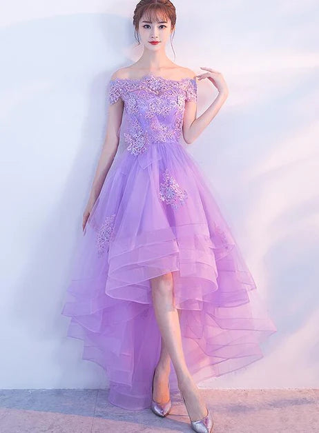 Lavender Purple Tulle Applique Off Shoulder High Low Party Dress Homecoming Dress