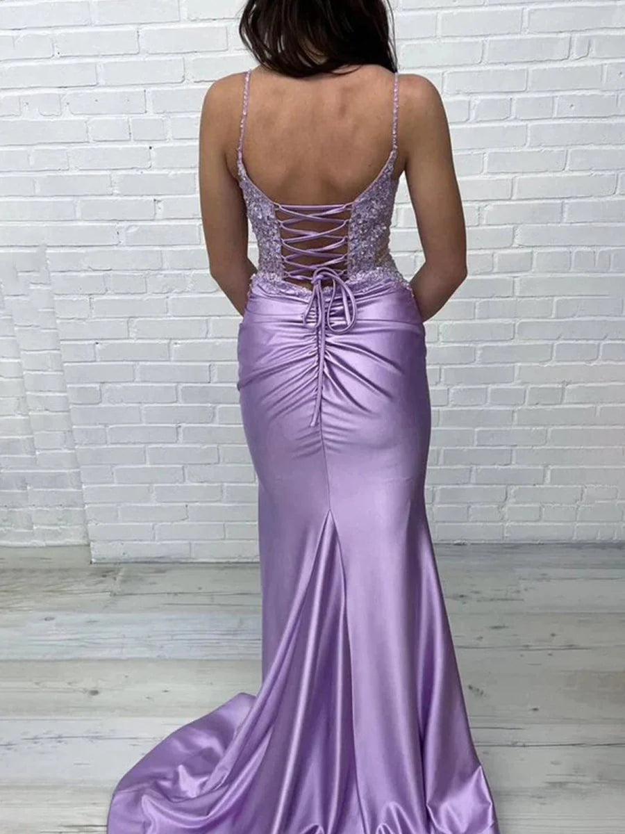 Lavender Satin Appliques Mermaid Spaghetti Straps V Neck Long Prom Dresses With Sweep Train